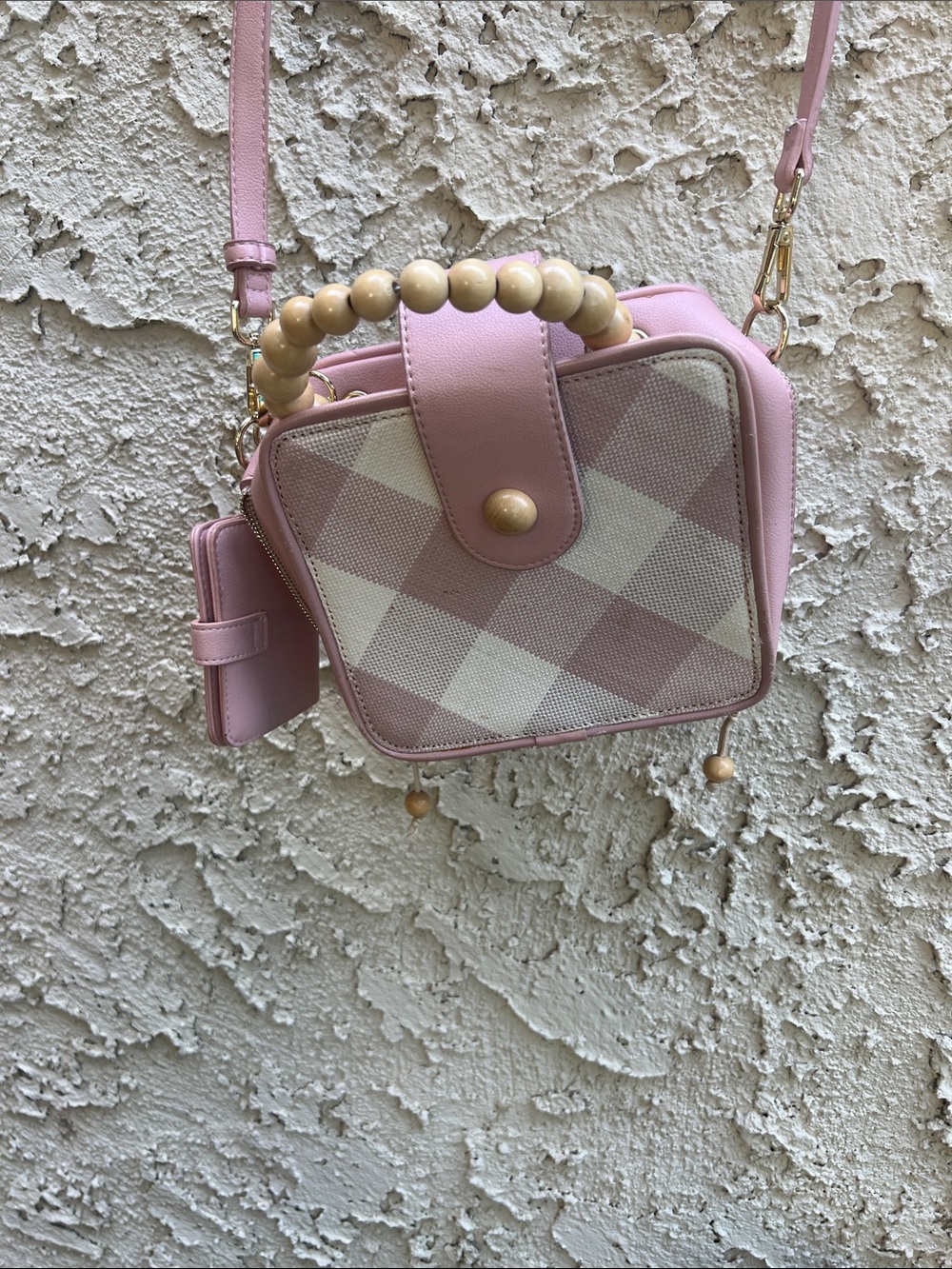 Martha Stewart Pink Plaid Crossbody with Wooden Bead Handle